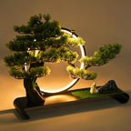 Zen Artificial Bonsai Tree with Adjustable LED Light Ring, Realistic Simulation Welcome Pine with Buddha Statue Decoration, Faux Potted Plant for Living Room Office Studies Meditation