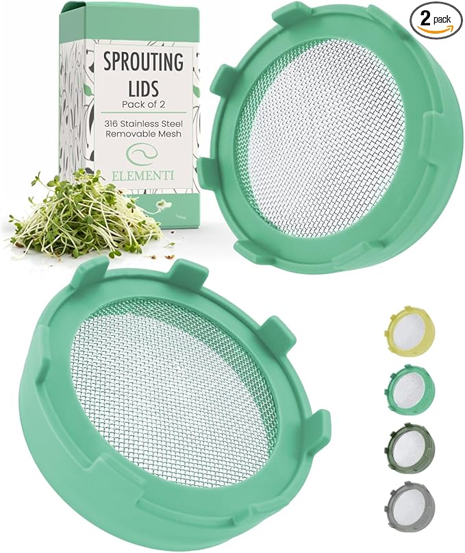 Elementi Sprouting Lids for Wide Mouth Mason Jars (Set of 2), Sprouting Jar Kit for Organic Sprouts, Alfalfa & Mung Bean Sprouts Grow Kit, 316 Stainless Steel Mesh Screen Strainer Lid (Mint)