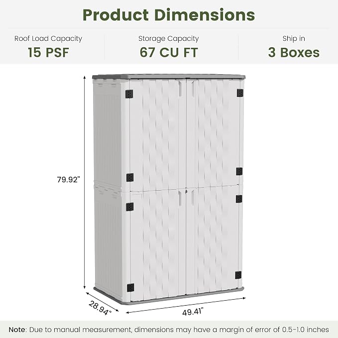 UDPATIO 67 Cu.Ft Resin Outdoor Storage Shed, Patio Plastic Vertical Sheds with Floor, Waterproof Bin Shed Horizontal Storage Cabinet for Patio, Backyards, Garden, Pool, Tool Shed