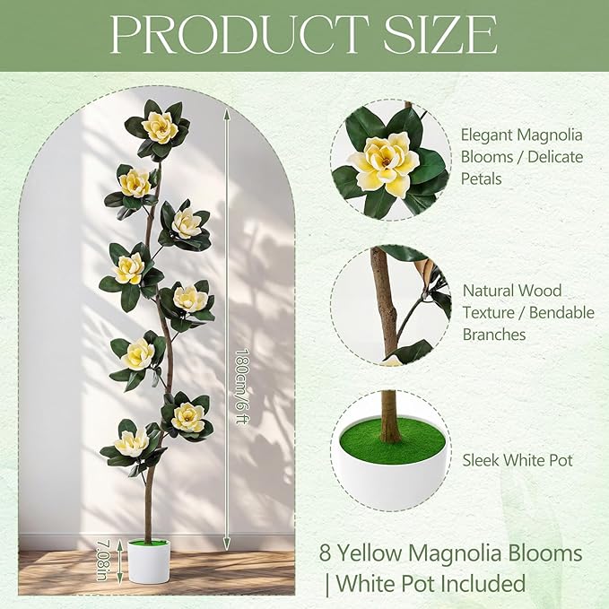 Jexine 6 ft Artificial Rubber Tree with 8 Magnolia Flowers in Pot Extra Tall Faux Magnolia Tree Fake Plant Indoor Floor Plant for Indoor Living Room Office Home Decor