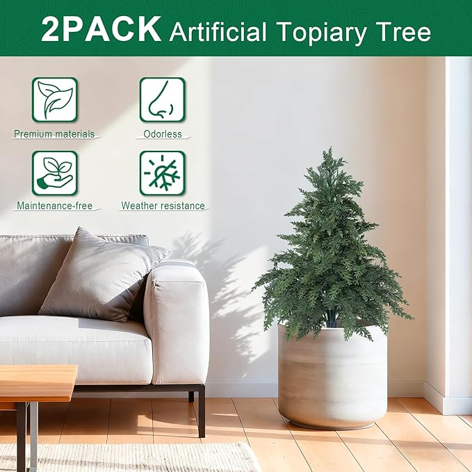 Artificial Cedar Topiary Trees with Ground Spike, 2 Pack Fake Pine Shrubs Bushes, UV Resistant Faux Evergreen Cypress Tree Plants for Indoor Outdoor Planters Front Porch