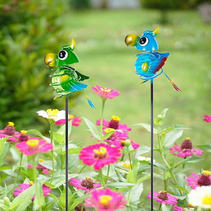 Birds Solar Garden Lights, 26" H Whimsical Decorative Solar Stake Light, 2 Pcs Outdoor Parrot Statues Figurine Lights for Garden Lawn Patio Yard Decoration