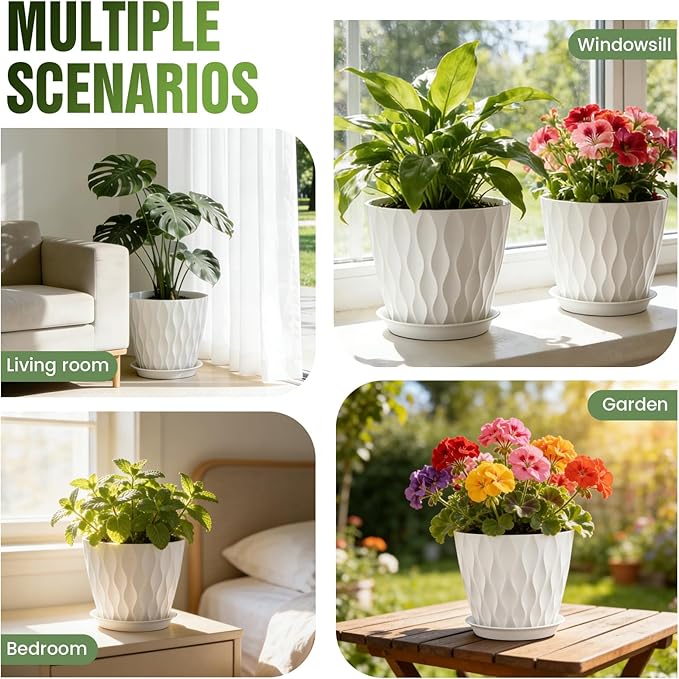 8" Water Wave Plant Pots with Drainage Holes & Saucers, 4 Pack Modern Textured Medium Planters for Indoor Outdoor Plants, Decorative Flower Pots Repotting Set for Flowers, Herbs (White)