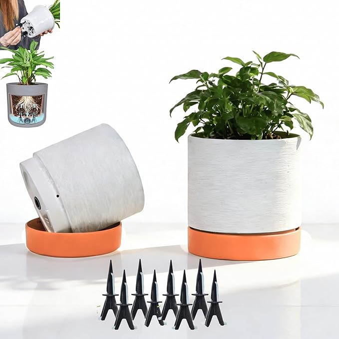 GreenShip Planter Set of 2 (13.7" & 11.8") – Cylinder Planters with Drainage Hole and Planter Saucer, Jun Porcelain Clay & Recycled Resin, Decorate Home,Office & Outdoor,White pots