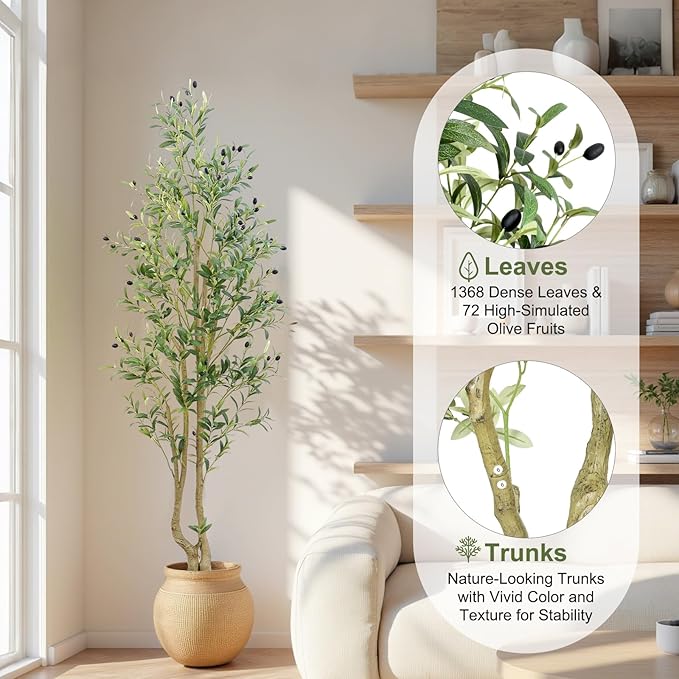 HZXGCP 6ft Artificial Olive Tree Indoor, Fake Olive Tree with White Pot, Faux Olive Tree with Dense Leaves & Realistic Fruits, Tall Artificial Plant for Home Living Room Office Entryway Decor