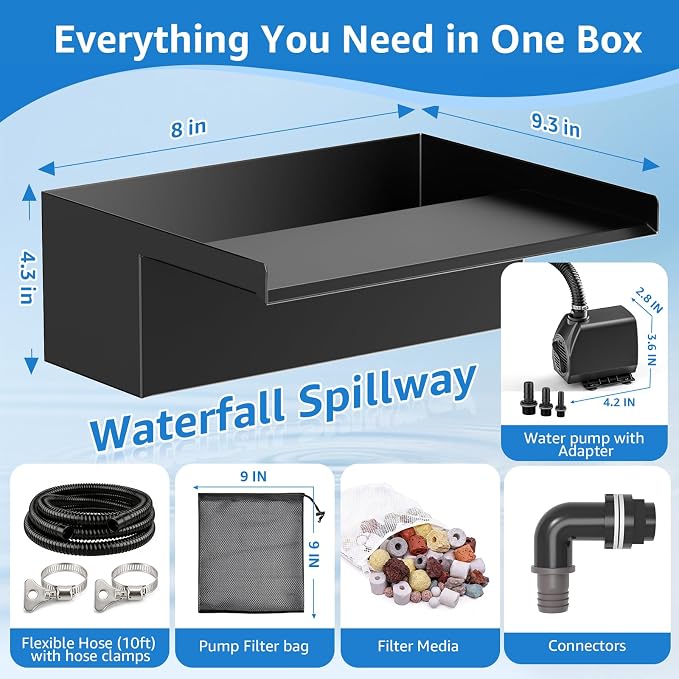8" Pond Waterfall Kit, 660GPH Ultra Quiet Pump, 304 Stainless Steel Spillway, 9.8FT Freeze-Proof Tubing & 16.4FT Cord - Complete Water Feature Set for Garden, Koi Pond & Backyard Decor