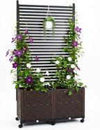 Planter Box with Privacy Screen, 6ft Plastic Raised Garden Bed with Lattice Trellis & Lockable Wheels, Privacy Planters for Patio, Planter Box for Climbing Plants, Flower
