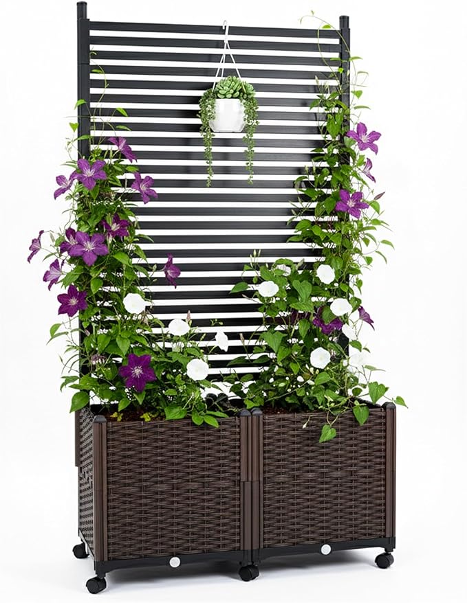 Planter Box with Privacy Screen, 6ft Plastic Raised Garden Bed with Lattice Trellis & Lockable Wheels, Privacy Planters for Patio, Planter Box for Climbing Plants, Flower