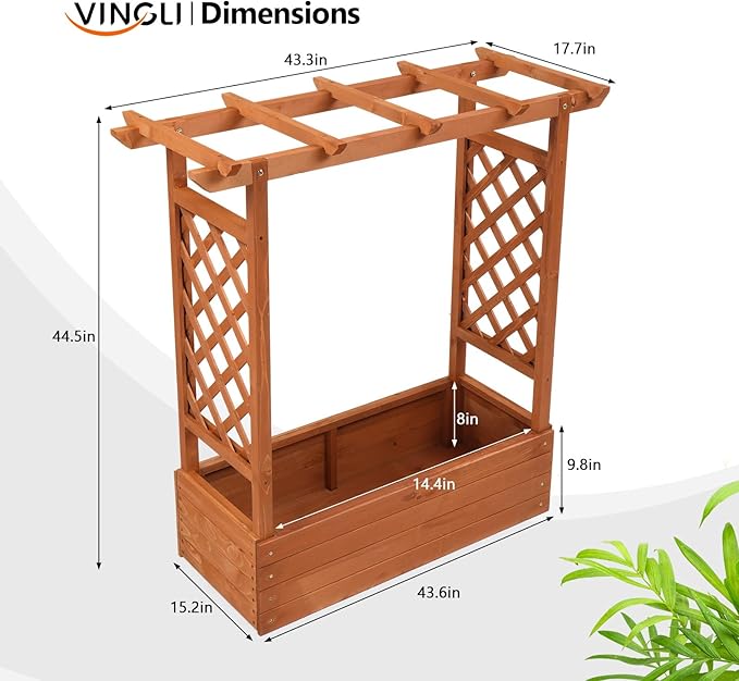 VINGLI 45 in Raised Garden Bed with Trellis & Hanging Roof, Wooden Elevated Planter Box with Drainage Holes for Outdoor Climbing Plants Vegetables Flowers, Patio Yard Balcony
