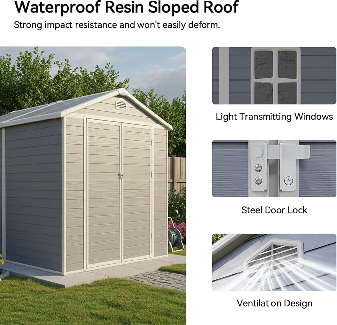 Aoxun 6x8 FT Outdoor Storage Shed, Garden Resin Shed with Floor and Window for Patio, Lawn, Plastic Outdoor Storage with Lockable Door for Bike, Tools, Garbage Can, Grey