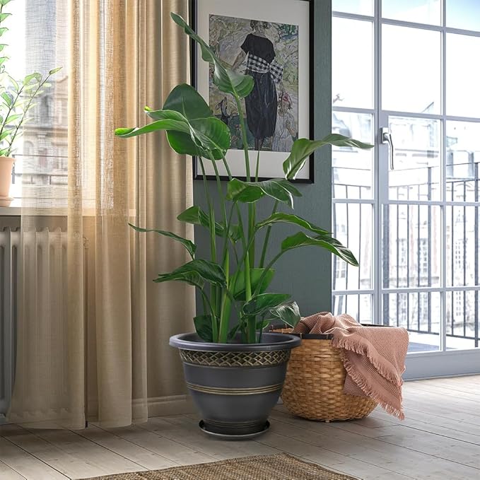 Usocik 6 Pack 8 Inch Plant Pots, Plastic Flower Pot for Indoor & Outdoor with Drainage Holes & Saucer, Plaid Pattern Planters Garden Pots for Herbs