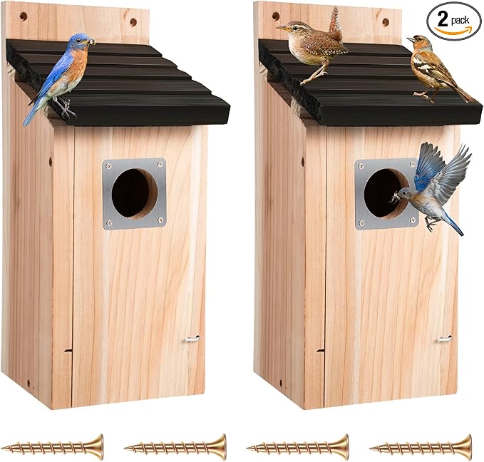 Dreyoo 2 Pack Bluebird Box Houses for Outside,1-1/2'' Entrance Hole Wooden Bird Houses with Metal Guard, Secure Latch,Fledgling Grooves,Air Vents for Bluebird Wren Swallow(Dark Wood)