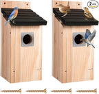 Dreyoo 2 Pack Bluebird Box Houses for Outside,1-1/2'' Entrance Hole Wooden Bird Houses with Metal Guard, Secure Latch,Fledgling Grooves,Air Vents for Bluebird Wren Swallow(Dark Wood)