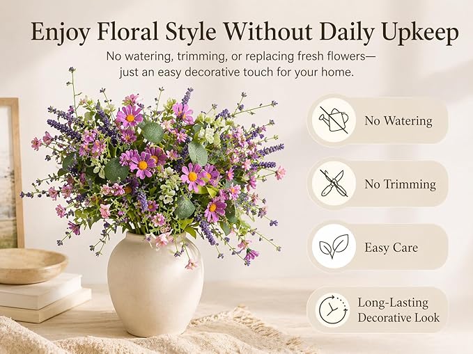 20" Artificial Flowers Bouquet for Vase Indoor, 6 stem Faux Silk Daisies Lavender Silver Dollar Eucalyptus Leaves Wildflower Floral Arrangement Home Decor for Living Room Dining Table Entryway
