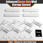 Garage Tool Organizer Wall Mount 66 inches with 13 Adjustable Heavy-Duty Hooks, Garage Organization, Garden Tool Storage Rack for Garage,Yard,Shed, Holds Up to 520 lbs,White