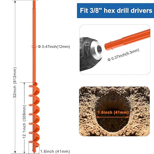 1.6" X 32" Auger Drill Bit for Planting Garden Hole Drill Auger for Hole Digger Auger for Drills Bulb Planter Tool for Bulb Vegetable Flower Planting - Fit for 3/8 Inch Hex Drive