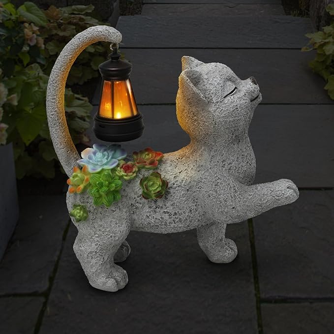 WENYLE Solar Garden Outdoor Statues,Cat Garden Statue with Succulent Solar Lantern, Cat Lover Gifts for Women