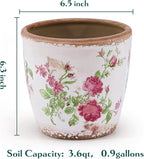 Vintage Ceramic Planter with Drainage Hole, Plastic Tray & Mesh, 6.5 Inch - Indoor/Outdoor Flower Pot, Pink Floral Rustic Farmhouse Design Plant pot for Home, Office & Garden Décor, Ideal Gift