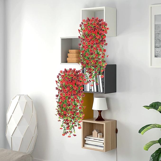 Artificial Fake Hanging Plants Flowers for Spring Outdoor Outside Decor, Faux Mums Silk Realistic Flower, 2 Pcs UV Resistant Look Real Plastic Decorations for Porch Home Patio Balcony Yard