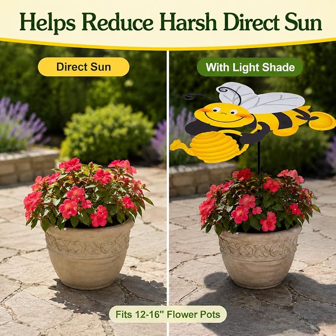 2 Pack Metal Bee Plant Umbrellas for Outdoor Plants, 24.6 Inch Decorative Plant Shade Cover, Cute Bee Garden Stakes Outdoor for Small Potted Plants, Flower Pots, Planters, Patio Porch Decor
