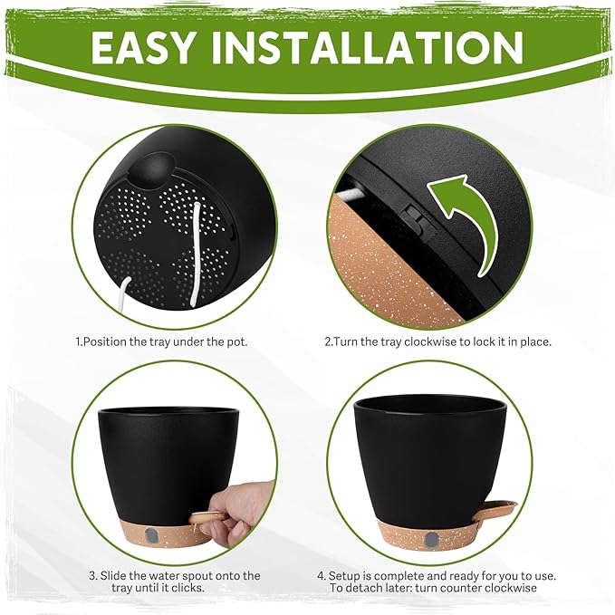 5 Pack 6 Inch Self Watering Planters for Indoor Plants, Automatic Watering Pots for Busy Plant Parents & Vacation, Decorative Modern Flower Pots with Drainage & Saucers (Black, 6 inch)