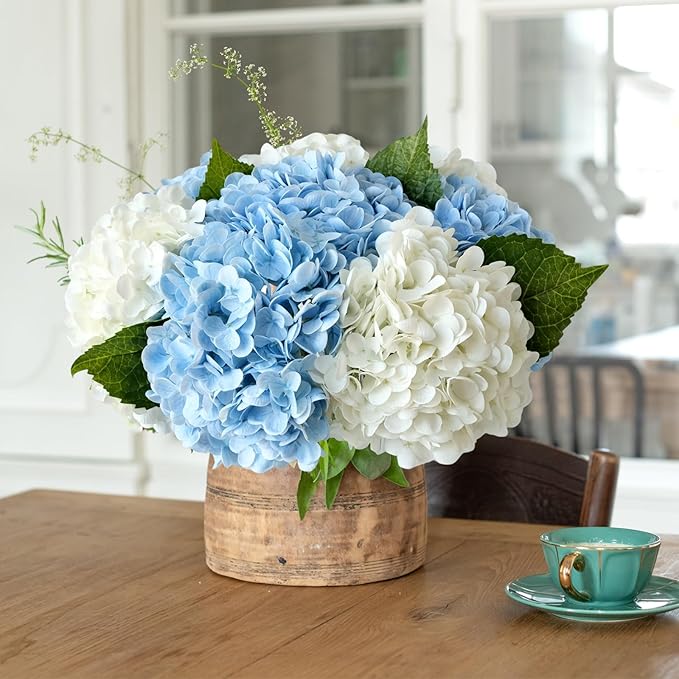 ZYTUYO 3 PCS Light Blue Artificial Hydrangea Fake Flowers 21'' Latex Lifelike Real Touch Large Bouquet Head with Long Stems Leaves for Centerpieces Party Home Wedding Silk Xmas Floral Decor
