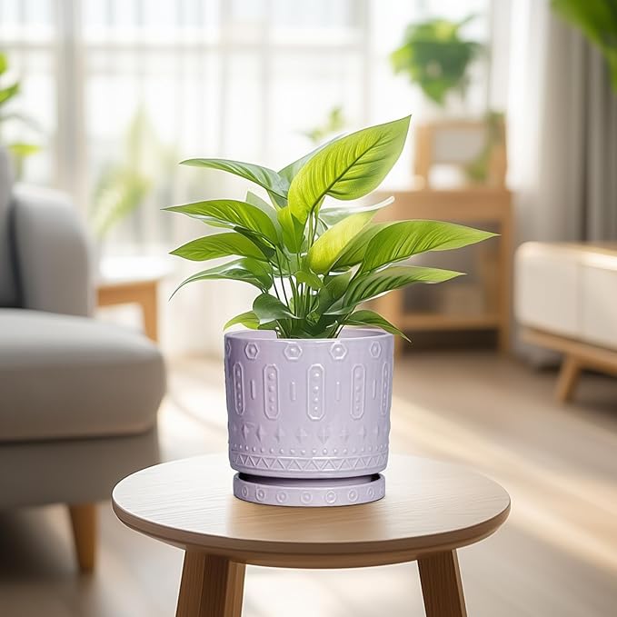 Ceramic Pots for Plants, 6 Inch Plant Pot for Indoor Outdoor Plants, Round Planter with Drainage Holes and Saucer, Boho Decorative Flower Pots, Apartment Decor, Plant Lover Gifts, Purple