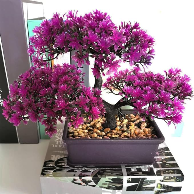 Bonsai Tree, Artificial Plants, Artificial Bonsai Tree Juniper Faux Plants, Indoor Small Fake Plants Decor for Home Bedroom Office Desk Farmhouse Decor(Color:Rose Red)