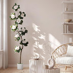 Jexine 7 ft Artificial Rubber Tree with 9 Magnolia Flowers in Pot Extra Tall Faux Magnolia Tree Fake Plant Indoor Floor Plant for Indoor Living Room Office Home Decor