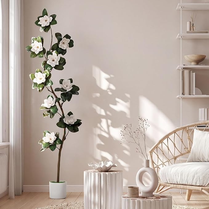 Jexine 7 ft Artificial Rubber Tree with 9 Magnolia Flowers in Pot Extra Tall Faux Magnolia Tree Fake Plant Indoor Floor Plant for Indoor Living Room Office Home Decor