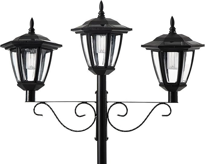 Glitzhome 74” H Outdoor Solar Lamp Post Light Oversized with Planter Pot - 3 Head Solar Lamp Post with Planter for Lawn, Pathway, Driveway, Front/Back Door - Warm White