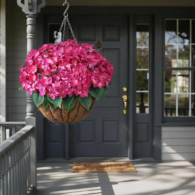 FOTEEWL 8 Bundles Artificial Hydrangea Flowers for Outdoor Decor, Realistic Faux Silk Bouquets Sun-Resistant Fake Plants for Front Door Balcony Farmhouse Garden Home Spring Summer Decor (Rose Red)
