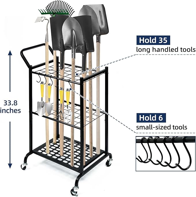 Garden Tool Organizer and Storage, Yard Tool Organizer for Garage Up to 41 Tools, 3-tire Yard Tool Holder Holding Long Handled Tools for Shed Garden Outdoor with Wheels