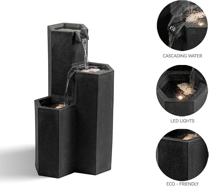 27.95“” H 3-Tiers Cascading Outdoor Water Fountain Made with Eco-Friendly Recyclable Materials, Polyethylene Waterfall Fountain, Outdoor Decor with LED Lights for Patio, Backyard