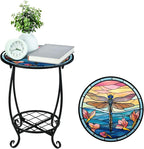 Outdoor Side Table Round Small Mosaic Patio Accent Indoor End Plant Coffee Tea Table for Yard Patio Porch Garden Living Room, Bedroom(Dragonfly Style,12 Inch)
