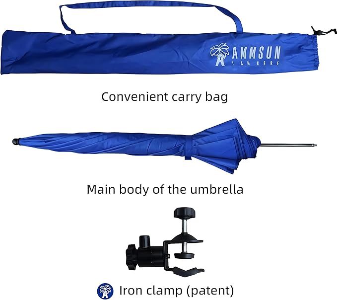 AMMSUN XL Chair Umbrella with Universal Clamp Adjustable 47 inches and 360-degree Swivel UPF 50+, Portable Clamp on Camping or Beach Chair, Stroller, Wheelchair, Golf cart, Blue, 2 PACK