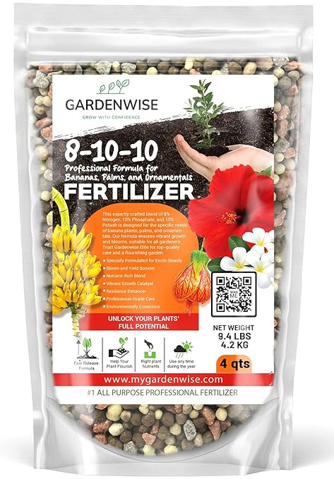 GARDENWISE Elite 8-10-10 Professional Fertilizer for Banana, Flowering, and Fruit Trees, Ornamentals - Boosts Flowering & Fruiting - for Indoor & Outdoor Plants (4 QUARTS)