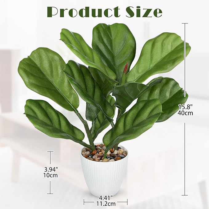 GnFlus Fake Plant Artificial Fiddle Leaf Fig Plant in White Pot for Indoor Outdoor Farmhouse Living Room Shelf Home Office Decor
