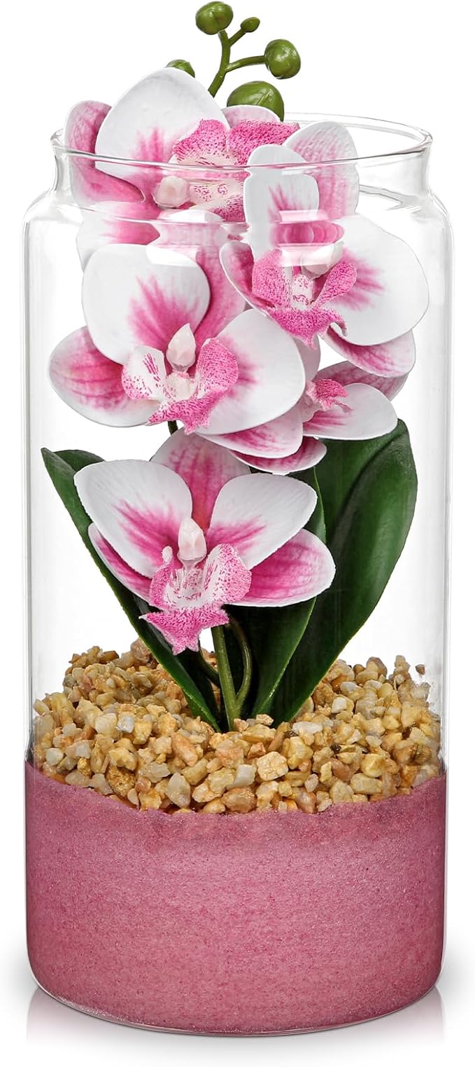 Pink Orchids Artificial Flowers with Vase, Small Faux Orchid Arrangement Fake Orchids Plant in Terrarium Jar Small Pink Orchid Centerpieces for Kitchen Dining Room Tables Bathroom Nightstand Decor