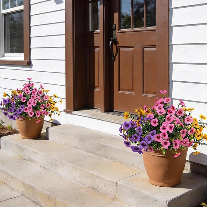 17 Inch Artificial Faux Pansy Flowers for Outdoor,Fake Pansies Flowers with Eucalyptus Leaves Fake Plants Greenery Boxwood Porch Patio Decor 6 Bundles(Light Purple,Pink,Dark Yellow)