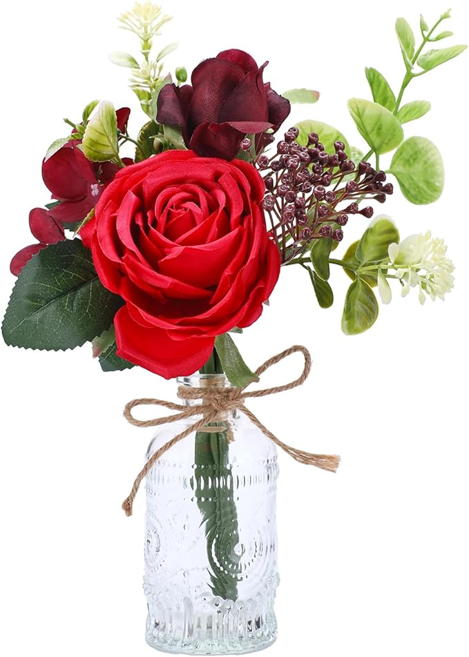 AFRITEE Artificial Flowers with Vase - Small Red Fake Plants Faux Silk Flower Arrangement in Vase for Home Decor for Indoor Dining Living Room Coffee Wedding Table Centerpieces