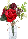AFRITEE Artificial Flowers with Vase - Small Red Fake Plants Faux Silk Flower Arrangement in Vase for Home Decor for Indoor Dining Living Room Coffee Wedding Table Centerpieces
