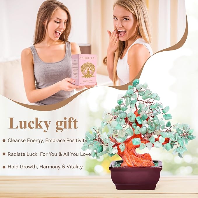Feng Shui Quartz Crystal Money Tree Bonsai Style Decoration for Luck and Wealth (Green)