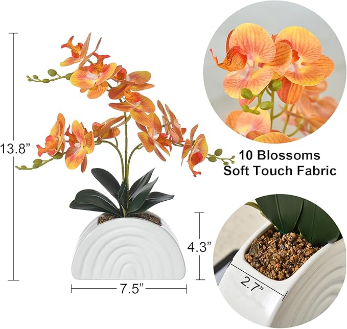 Fake Orchid Plant in White Rainbow Pot, Artificial Silk Phalaenopsis Orchid Flowers for Home Décor, Table Centerpiece, Office Desk (Orange)