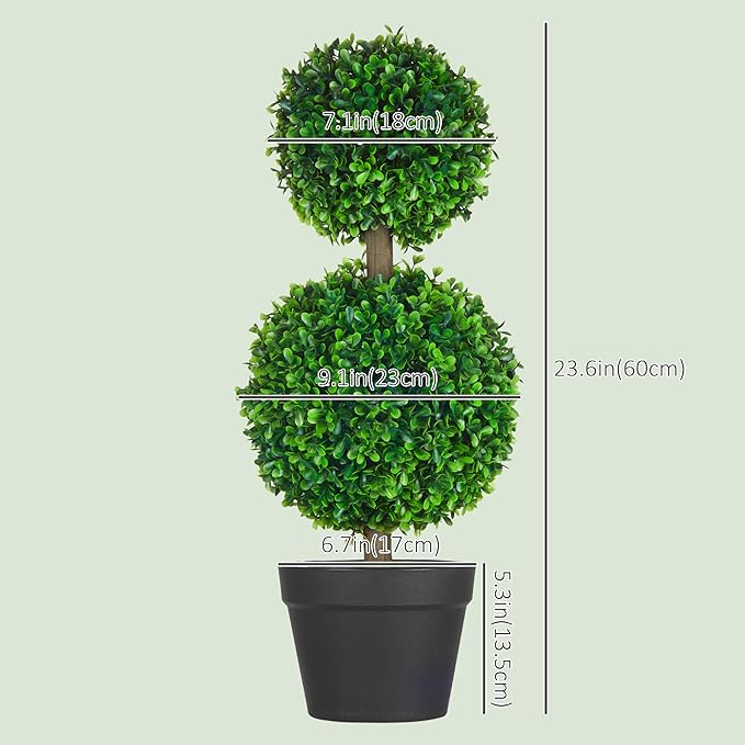 HOMCOM Set of 2 23.6" Artificial Ball Boxwood Topiary Trees with Pot, Indoor Outdoor Fake Plants for Home Office & Living Room Decor
