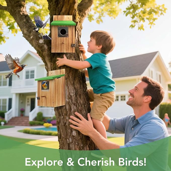 2 Pack Bird Houses for Outside - Cedar Bluebird Houses with Metal Predator Guard, Birdhouse for Wren Bluebirds Finches Swallows, Carbonized Wooden (Assembly Required)