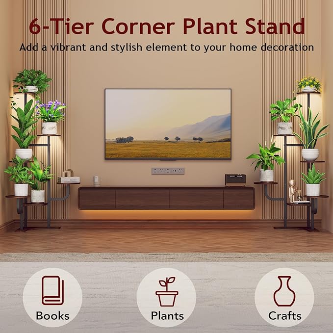 Homsorout Corner Plant Stand with Grow Light - 6 Tier Plant Stand Indoor Round Metal Plant Shelf with Adjustable Light, Plant Organizer for Living Room, Graden, Home Decor (Brown)