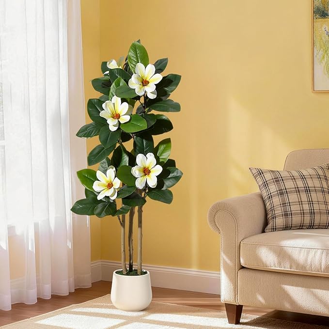 Fiddle Leaf Fig Tree 4FT Tall Artificial Plant, Large Fake Tree in White Planter, Faux Rubber Tree Fake Floor Plant with Magnolia Flowers - Artificial Tree for Home Office Living Room Decor, White