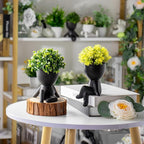 Zerzsy 4 Pack Cute Small Fake Plants with Creative Human Shaped Pots, Fake Plants Artificial Greenery Potted for Home Decor Indoor Shelf Desk Tabletop (Black)
