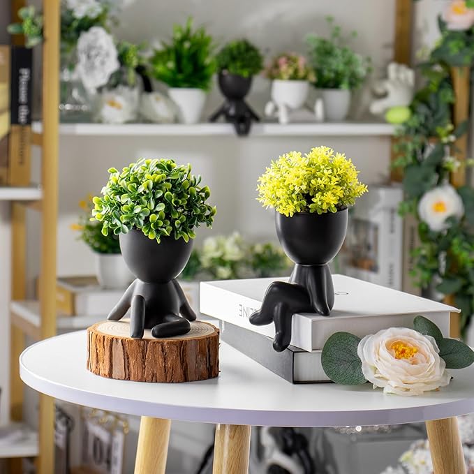 Zerzsy 4 Pack Cute Small Fake Plants with Creative Human Shaped Pots, Fake Plants Artificial Greenery Potted for Home Decor Indoor Shelf Desk Tabletop (Black)